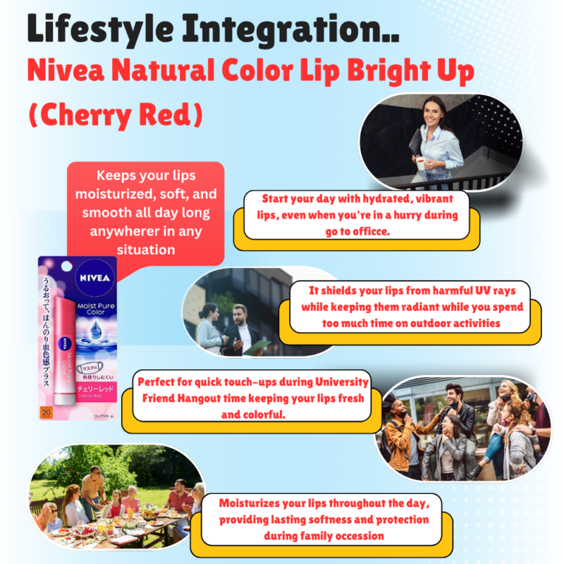 Lifestyle Integration with Nivea Natural Color Lip Bright Up (Cherry Red)..