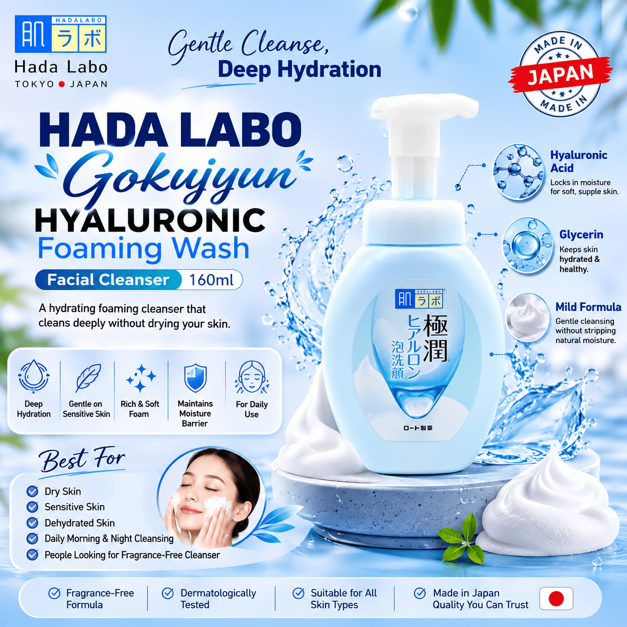 1. Hada Labo Gokujyun Hyaluronic Foaming Wash Facial Cleanser 160ml