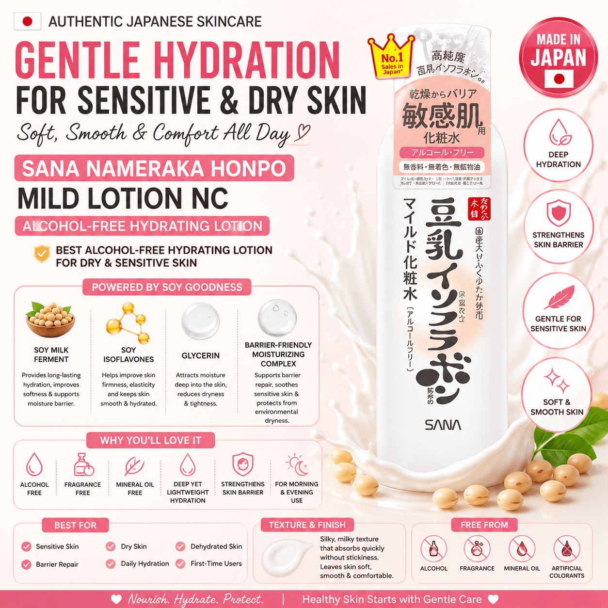 7. Nameraka Honpo Mild Lotion NC Moisturizing Dry Sensitive Skin Alcohol-Free Lotion with Soy Milk Isoflavone