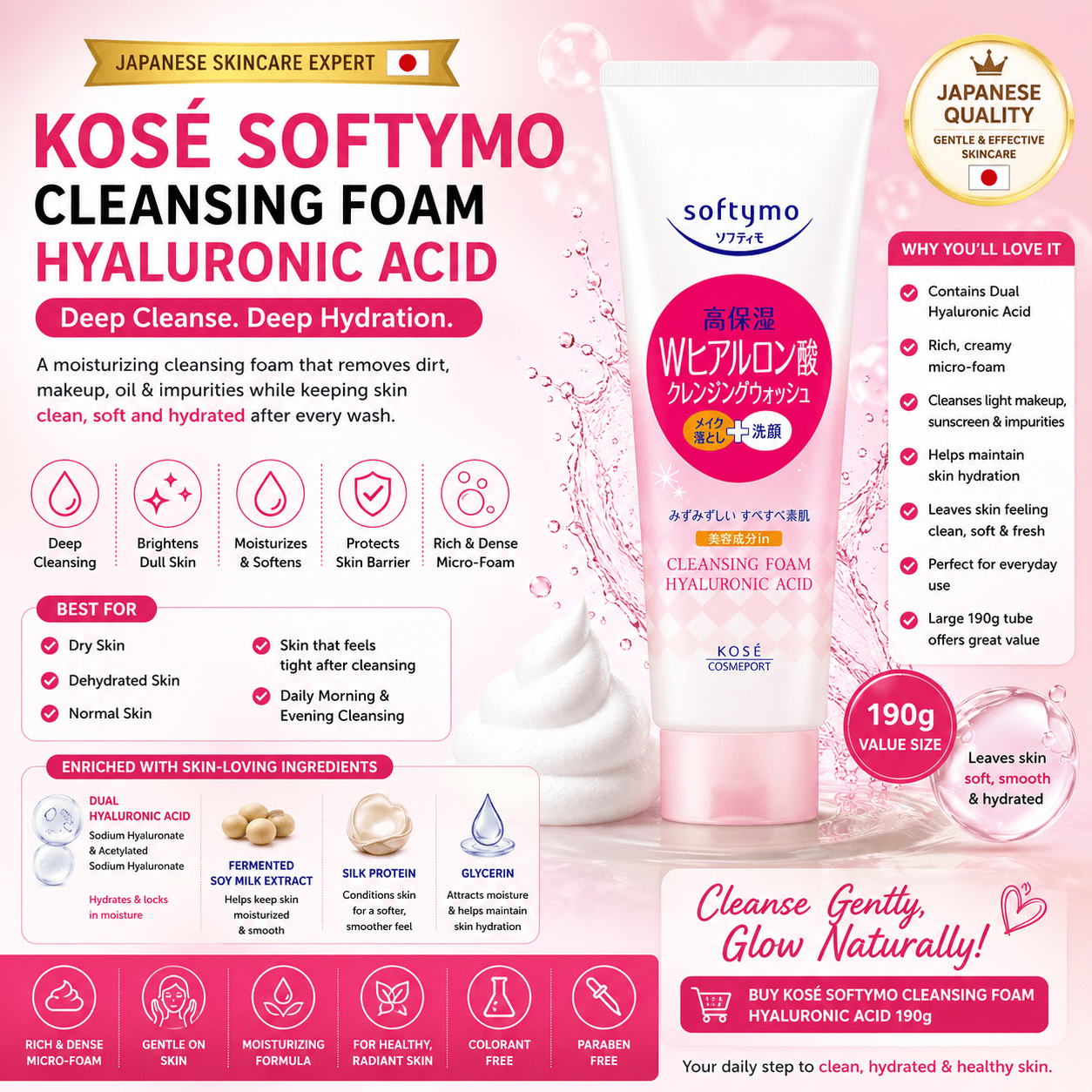 ⭐ 5.KOSÉ Softymo Cleansing Foam Hyaluronic Acid 190g