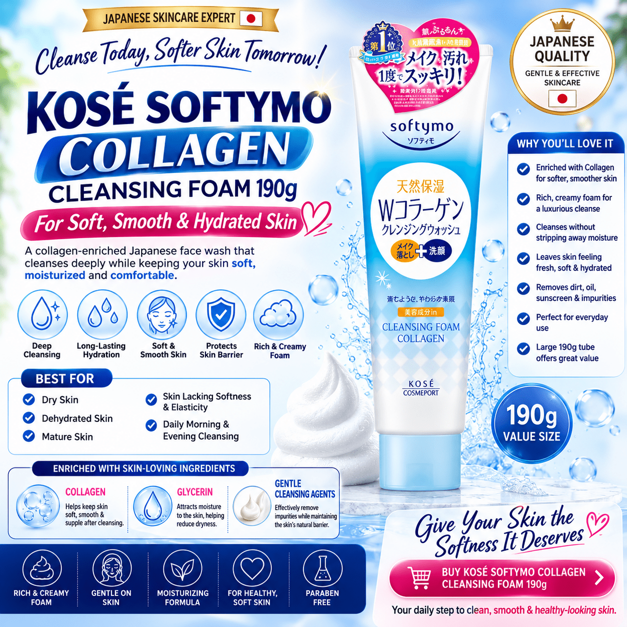 ⭐6. KOSÉ Softymo Collagen Cleansing Foam 190g