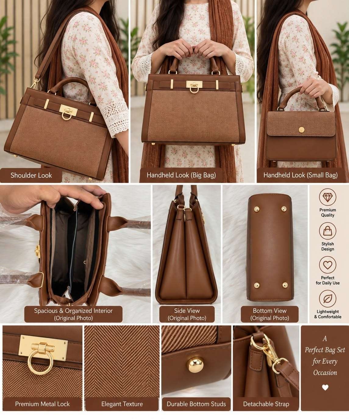QAZA ED0538-1 Elegant Brown Ladies Handbag Set - Image 2