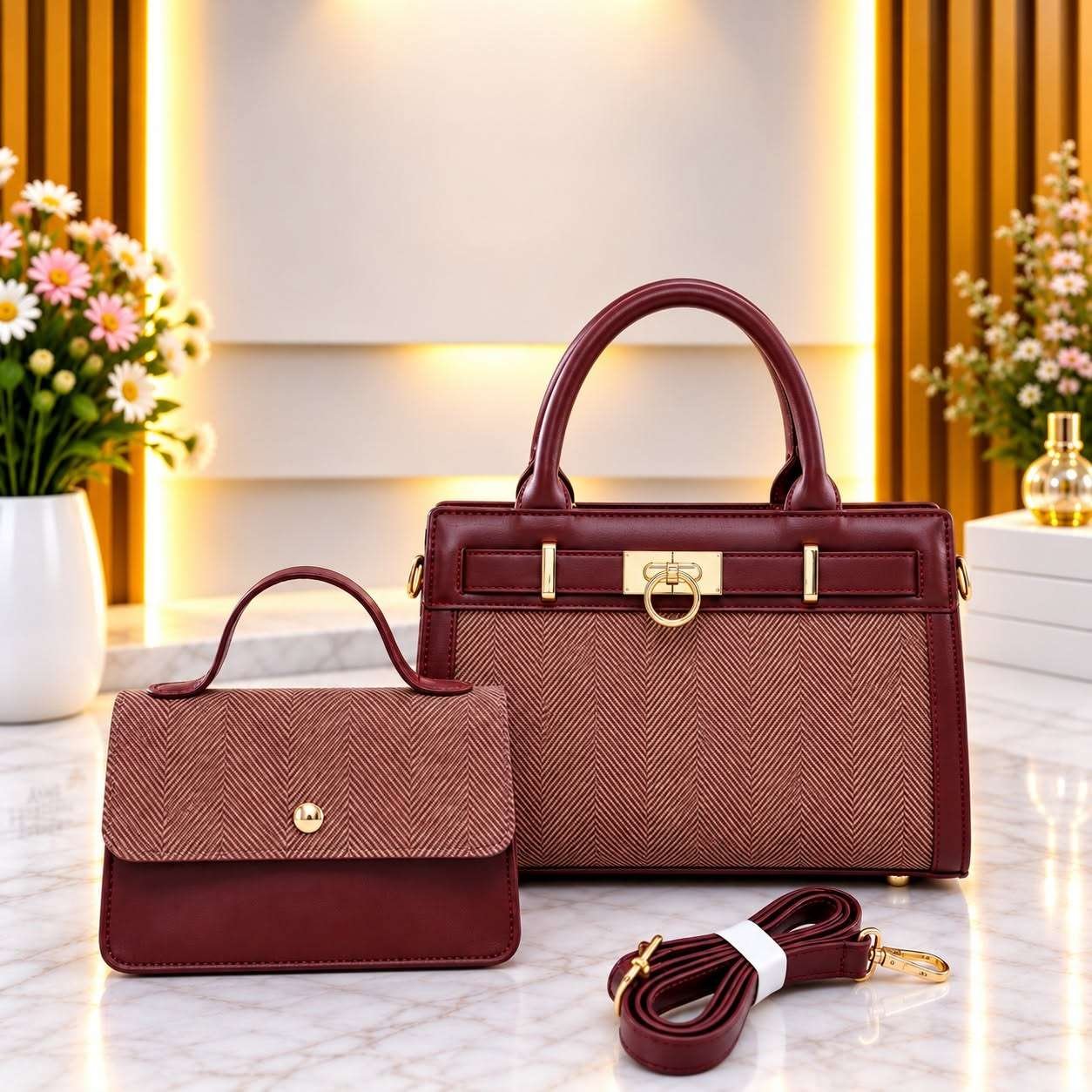 QAZA ED0538-1 Elegant Burgundy Ladies Handbag Set