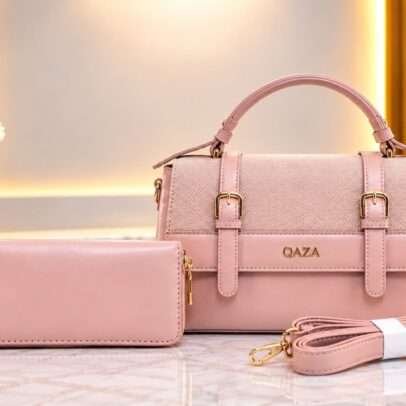 QAZA Elegant Pink Ladies Handbag with Matching Wallet