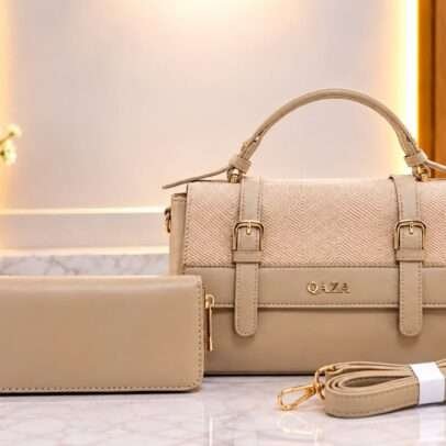 QAZA Ladies Handbag & Wallet Set – Beige