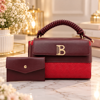 QAZA Ladies Handbag with Matching Wallet – Wine Red
