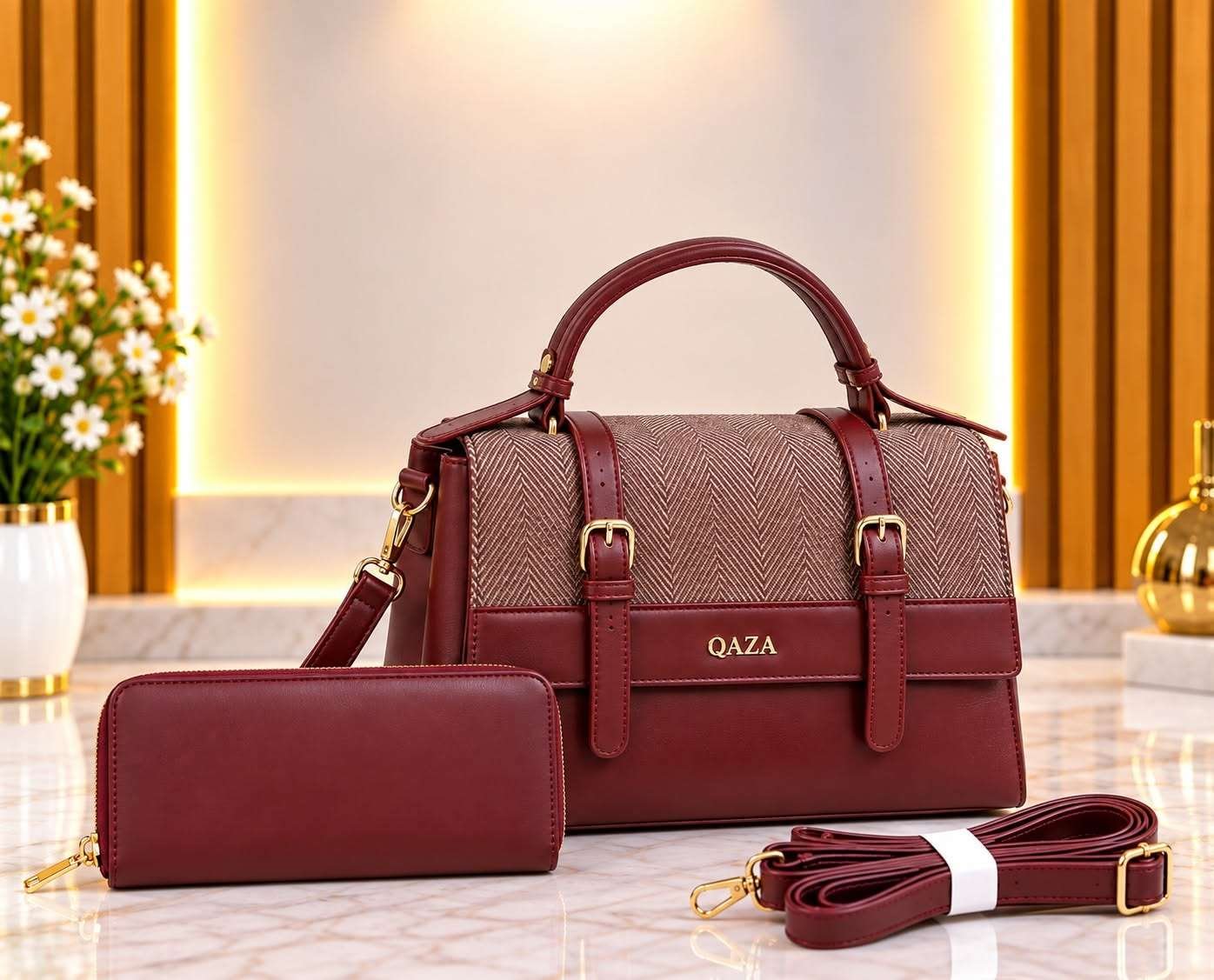 Qaza Jiali Elegant Handbag & Wallet Set – Wine Red